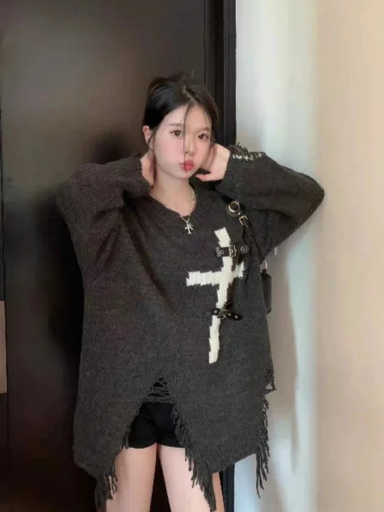 lovwvol  -  Gothic Black Sweater Women Ripped Cross Print Aesthetic Grunge Top Casual Loose Streetwear Pullover Y2k Streetwear Sueter Jumper