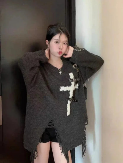 lovwvol  -  Gothic Black Sweater Women Ripped Cross Print Aesthetic Grunge Top Casual Loose Streetwear Pullover Y2k Streetwear Sueter Jumper