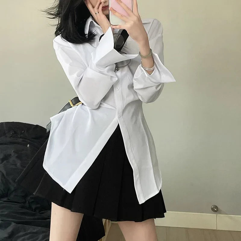 lovwvol White Tunic Women Blouses Korean Fashion Chic Vintage Sexy Tops Ladies Office Wear Long Sleeve Shirts Female Streetwear