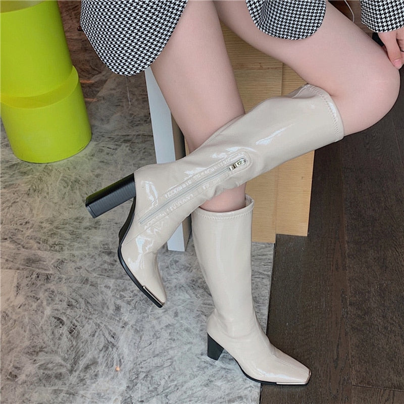 Winter Fashion Women Beige 9cm High Heels Crotch High Boots Sexy Patent Leather Riding Long Boots Thigh High Boots Shoes