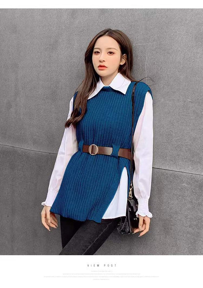 lovwvol lovwvol 2023 Autumn Two 2 Piece Knitted Vest Set Women Long Sleeve Shirt Solid Vintage Sleeveless College Style Waistband Sweater Tops