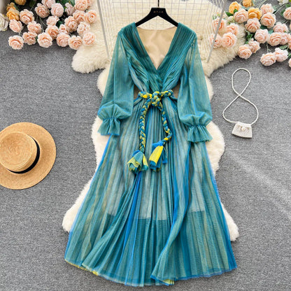 lovwvol Women's Fashion France Vintage Pleated Long Dress Summer Autumn Sexy V-Neck Lace Up Party Runway Vestidos Female Elegant Robe