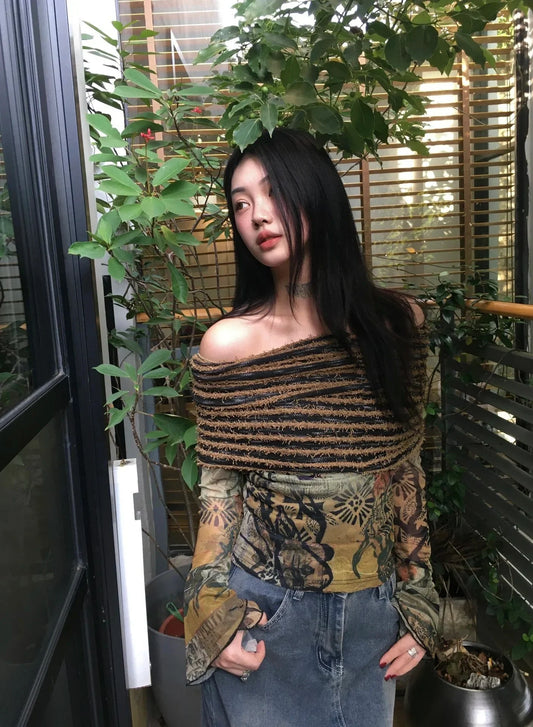 lovwvol  -  Vintage T Shirt Women Off Shoulder Patchwork Skinny Y2k Retro Tops Fairycore 2000s Korean Style Streetwear Tee Tops