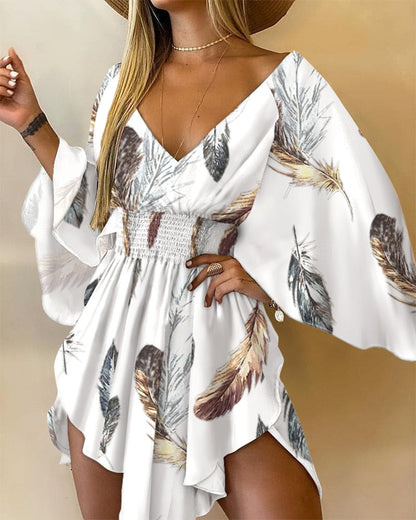 Asymmetric Batwing Sleeve Feather Print Dress