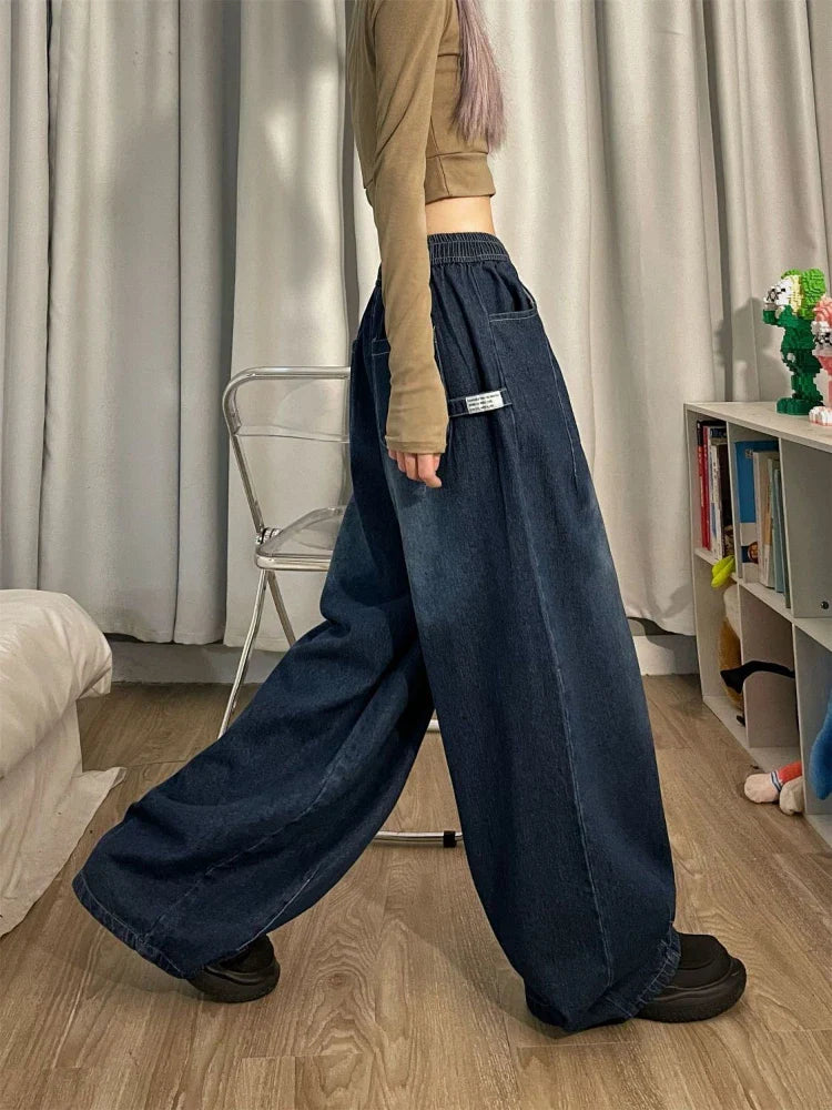 lovwvol Women Vintage Baggy Jeans Y2K Elastic High Waist Oversized Streetwear Trouser Denim Wide Leg Straight Basic Pants Spring