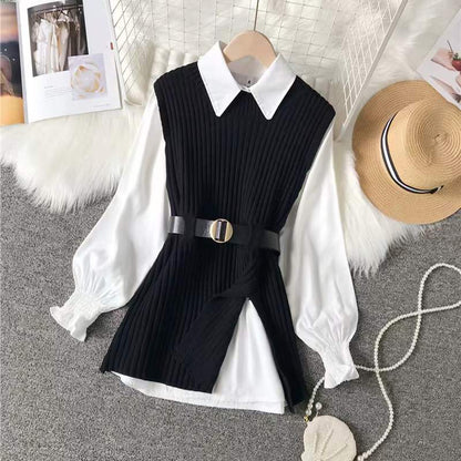 lovwvol lovwvol 2023 Autumn Two 2 Piece Knitted Vest Set Women Long Sleeve Shirt Solid Vintage Sleeveless College Style Waistband Sweater Tops