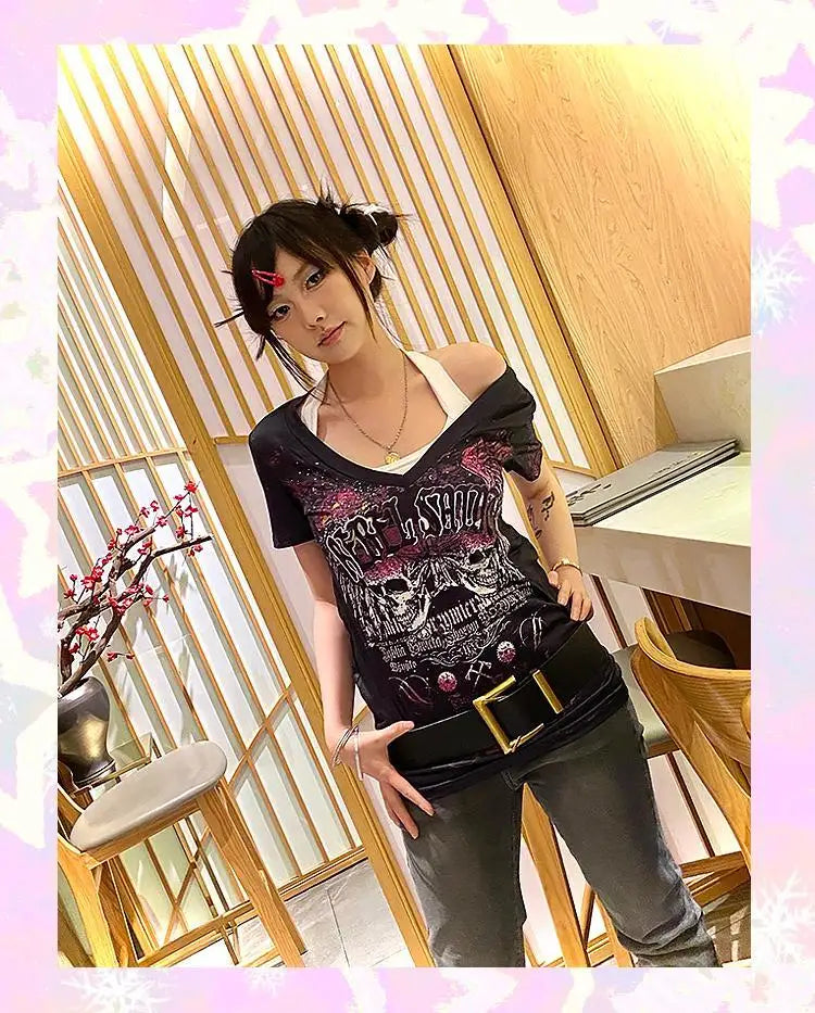 Punk Summer Vintage Y2k Aesthetic Women T-shirt Slim Letter Print Harajuku V Neck Tee Shirts Femme Korean Grunge Sexy Top