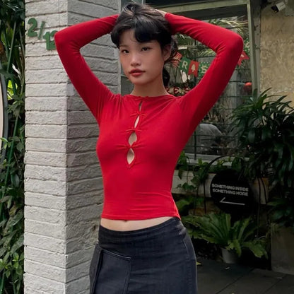 Elegant Slim Cut Out Tops for Women Streetwear Long Sleeve Bow Detail Sexy Cropped Top Y2K Outfits Spring Clothes