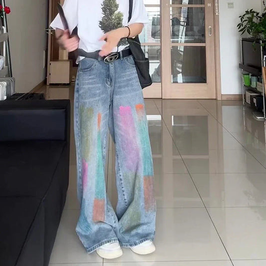 lovwvol Women's Rainbow Colored Tie Dyeing Baggy Jeans Summer Cool Girl Straight Bottoms Vintage Casual Trousers Female Wide Leg Pants