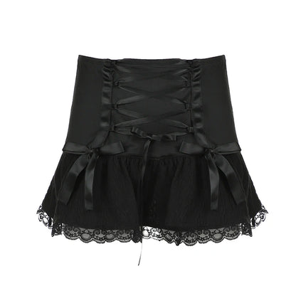 lovwvol Gothic Y2K Lace Trim Mini Skirt Harajuku Vintage Tie Up Bow Dark Academia Sexy Women Skirts Hottie A-Line Grunge New