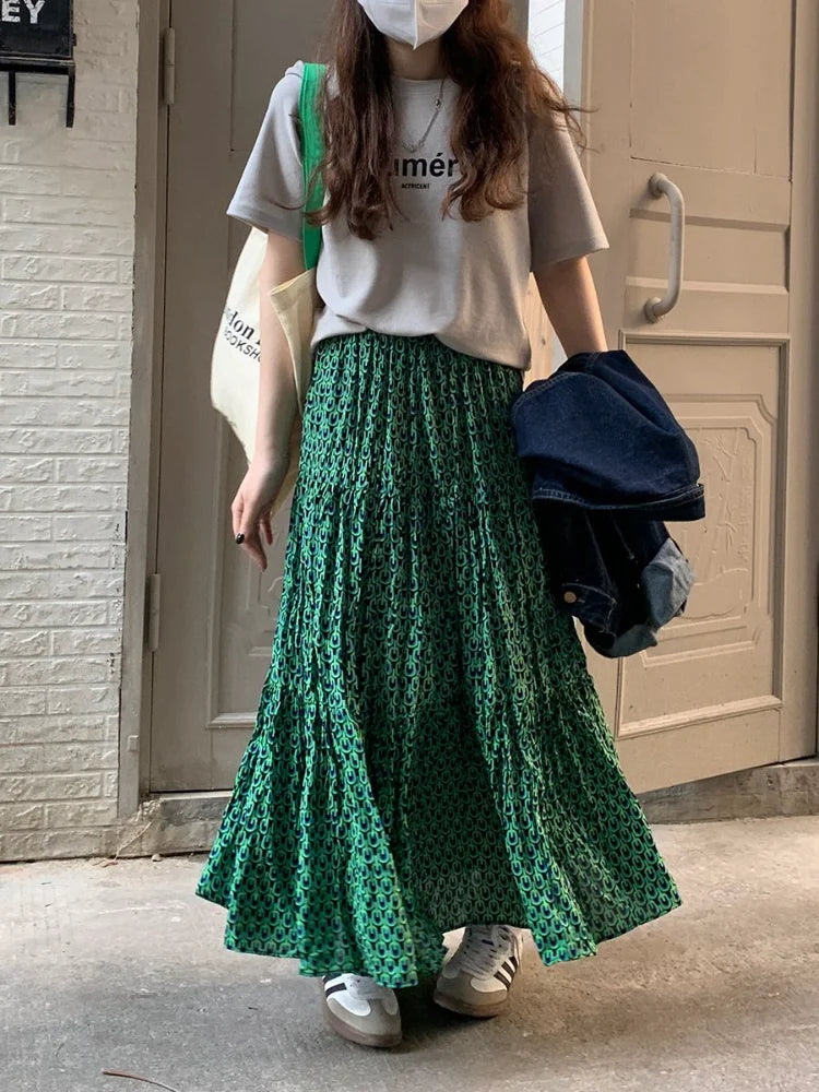 lovwvol Green Floral Skirts for Women New Style Elastic Waist Skirt Fold Design Long Dress Vintage Fashion Faldas Para Mujeres