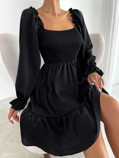 Square Neck Shirred Bodice Flounce Sleeve Ruffle Hem Dress Dresses