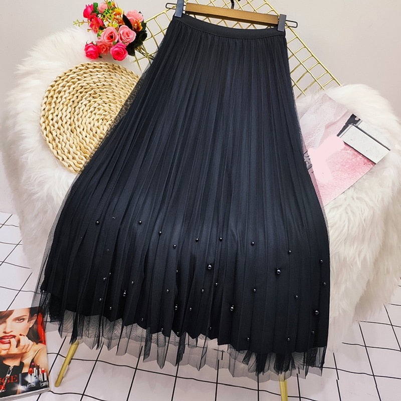 lovwvol Both Sides Wear Pearls Mesh Skirt Women Summer Velvet High Waist Long Skirts Woman Solid Color A Line Pleated Skirts