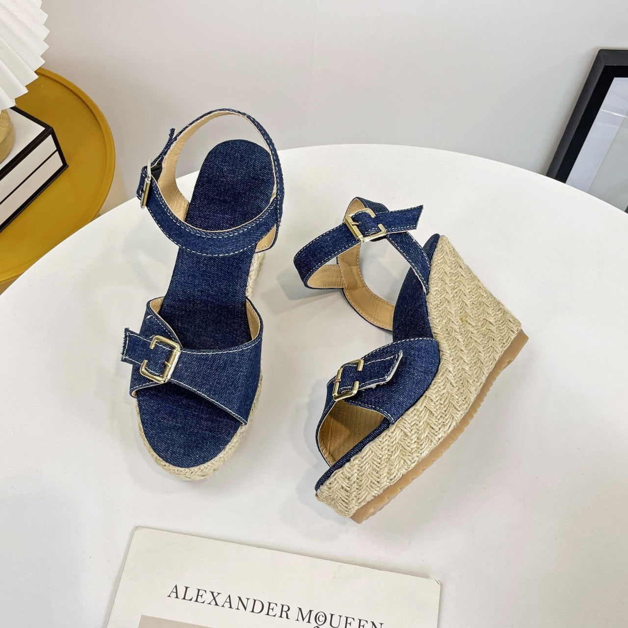 Oversized slope heel sandals, denim buckle strap,  slope heel grass woven casual women's sandals  shoes for women sandals