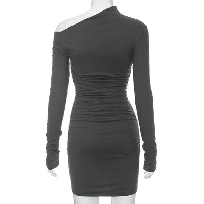 Solid Slant Neck Long Sleeve Shrink Pleated Wrap Hipster Dress Women Elegant Sexy Casual Mini  One-Piece Dress  Daily