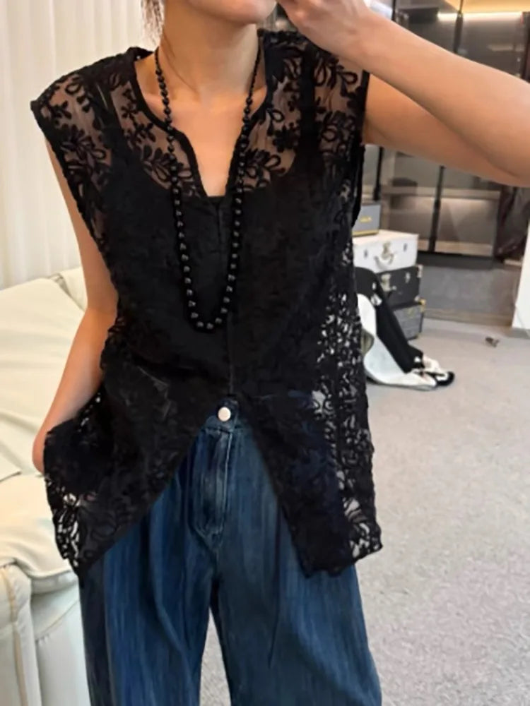 lovwvol Streetwear Summer Sleeveless Sexy Women Dresses Y2k Aesthetic Embroidery Flower Dress Fairy Harajuku Lace Split Grunge Vestidos