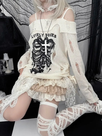 lovwvol  -  Japanese Off Shoulder Harajuku Sweater Y2k Women Gothic Punk Knitted Vintage Skull Jumpers Grunge Hollow Out Pullovers Kintwear