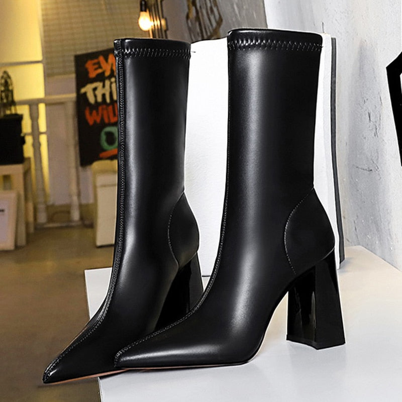 Shoes Mid-Calf Boots Chunky Block Heels Women Boots Pointed High-Heeled Boots Lady Pu Leather Boots Autumn Winter Shoes