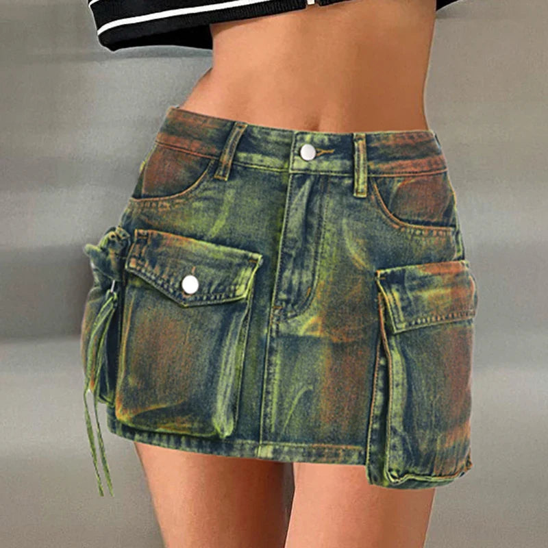 lovwvol  High Street Big Pockets Denim Skirt For Women Vintage Tie Dye y2k Jeans Skirts Fashion Club Outfits Bottoms Clothes