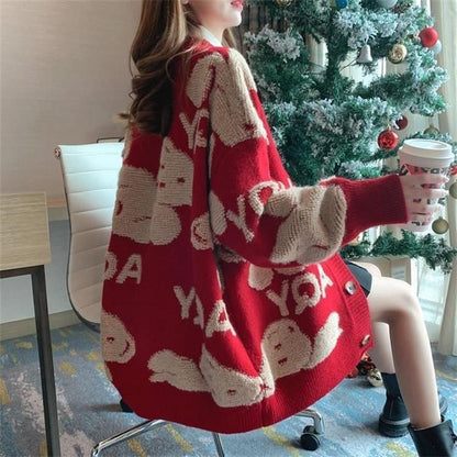 lovwvol Loose Sweater Oversize Woman Christmas Sweater Coat Korean Fashion Sweet Cardigans For Women 2023 Thick Winter Clothes Knitted