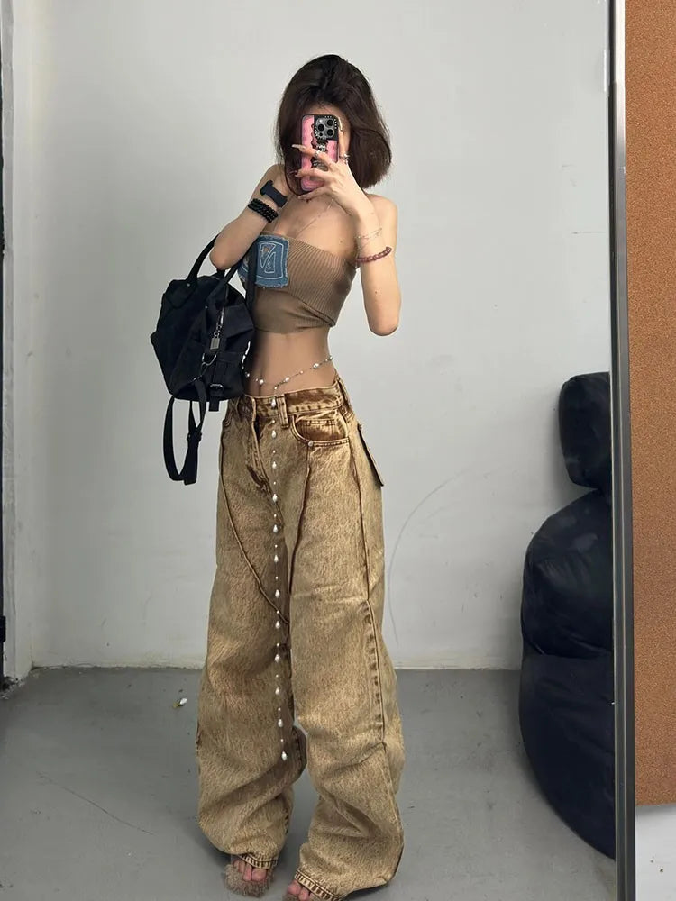 lovwvol  -  American Retro Cargo Pants Oversized Fashion Baggy Wide Leg Spring Summer Women Y2K Grunge Streetwear Style Denim Trouser