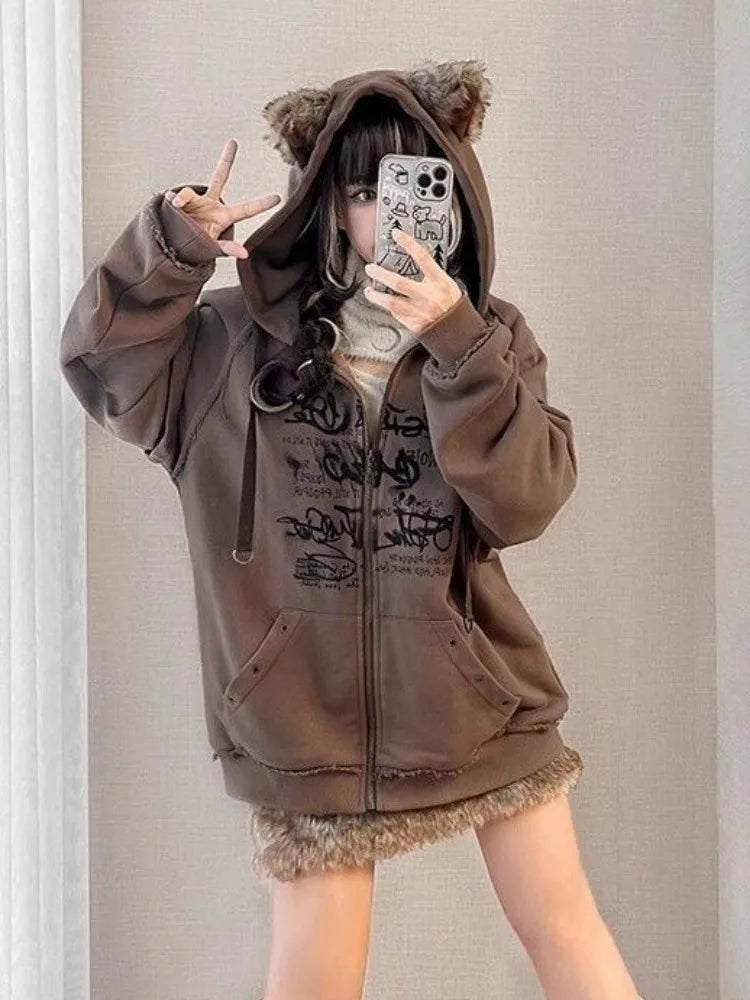 lovwvol  -  Kawaii Harajuku Casual Ears Hoodies Women Y2k Aesthetic Loose Letter Print Vintage Coats Streetwear Zipper Grunge Sweatshirts