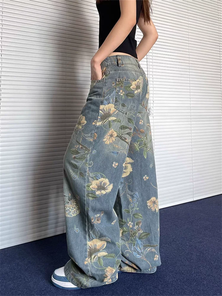 lovwvol Women's Retro Floral Print Straight Baggy Jeans Cool Girl High Waisted Fashion Pants Female Straight Wide-leg Denim Trousers