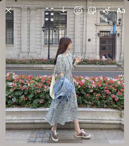 Fresh Bubble Sleeves Fragmented Flower Dress for Women Summer French First Love Gentle and Stylish Long Skirt