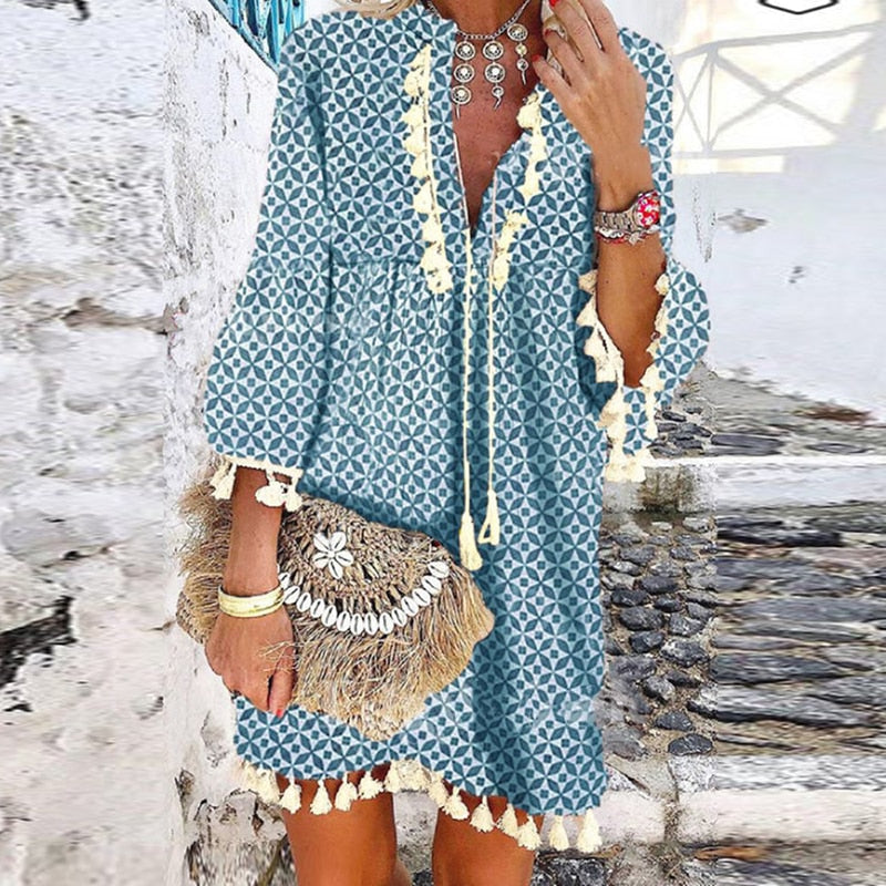 Women Vintage Print V Neck Tassel Mini Dress Casual Loose Three Quarter Sleeve Beach Dress  Spring Summer Party Dress Femme