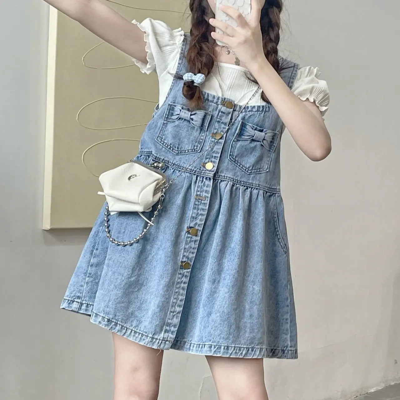 lovwvol Kawaii Strap Denim Short Dress Girls Overalls Summer Fashion High Waist Jeans Clothes Vintage Bow Casual Sleeveless Doll Dresses