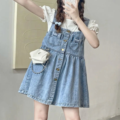 lovwvol Kawaii Strap Denim Short Dress Girls Overalls Summer Fashion High Waist Jeans Clothes Vintage Bow Casual Sleeveless Doll Dresses