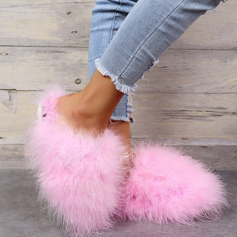 Slippers Woman Ostrich Fur Women Shoes Flat Slipper Women's Flip Flops Brand Ladies Sandals Female Flipflop Luxury Sandal