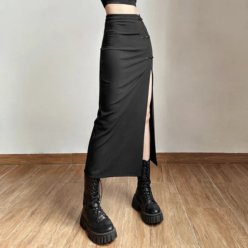 Streetwear Black Y2k Cargo Midi Skirts Grunge Gothic Split Sexy High Waist Skirt For Women Korean Fashion Fall Bottoms