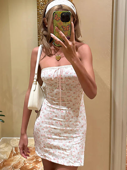 Sexy Strapless Print Floral Women Dress Pink Off Shoulder Lace Up Mini Dress Female Summer Skinny Casual Streetwear