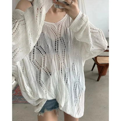 lovwvol White Knitted Sweaters Women Summer Oversized Sexys Mujer Hollow Out Crochet Top Long Sleeve Sunscreen Korean Fashion