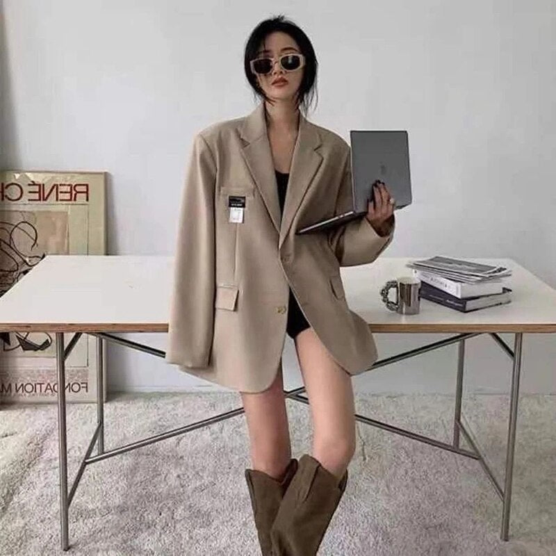 Blazers Women Elegant Solid Suit Jackets Korean Office Lady Simple Single Breasted Loose Leisure All-Match Coat Top New