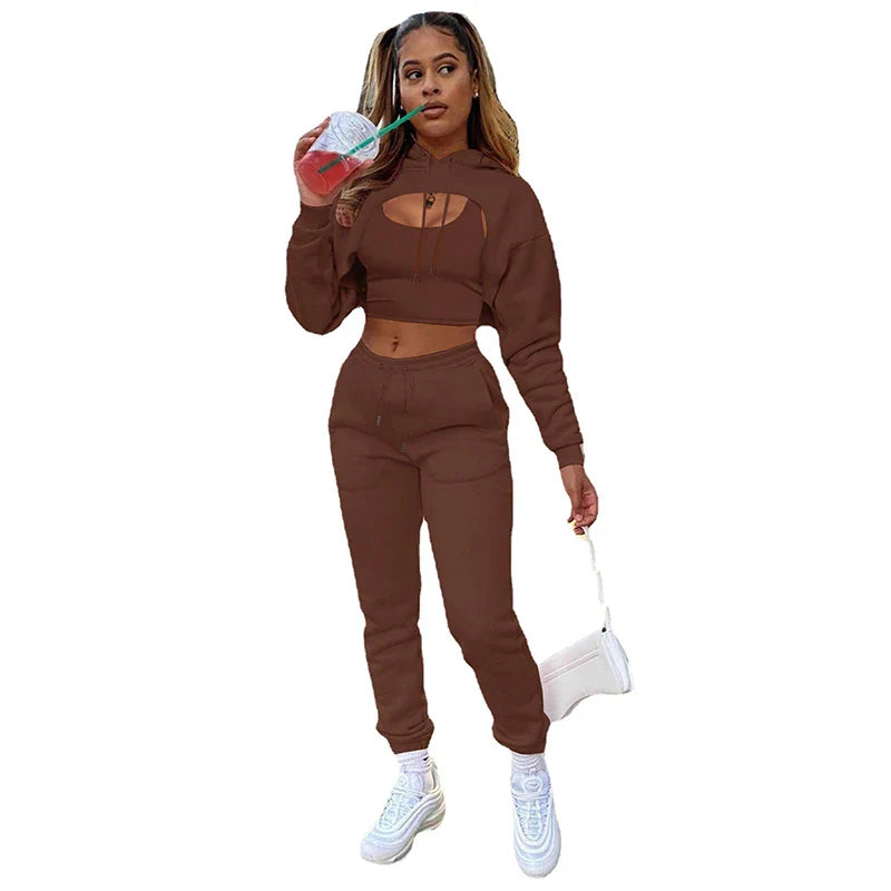 Women 3 Pieces Sets Sweatpants and Hoodie Set Cropped Tops Fleece Pants Suit Tracksuit Fitness Sport Jogger Outfit Clothing