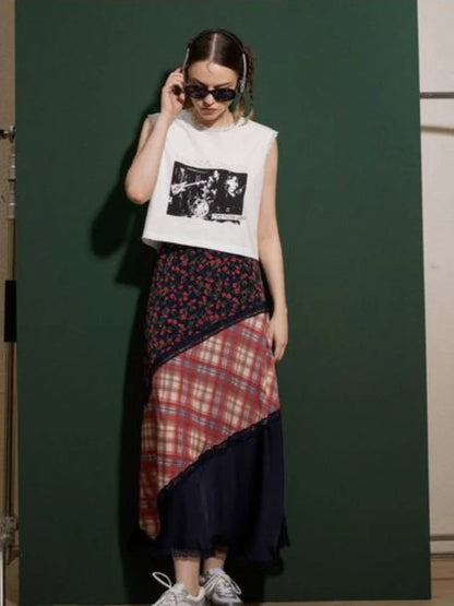 lovwvol  Autumn American Thin Skirt Vintage Plaid Floral Splicing Skirts for Woman A-line Skirt Harajuku Fashion Ropa