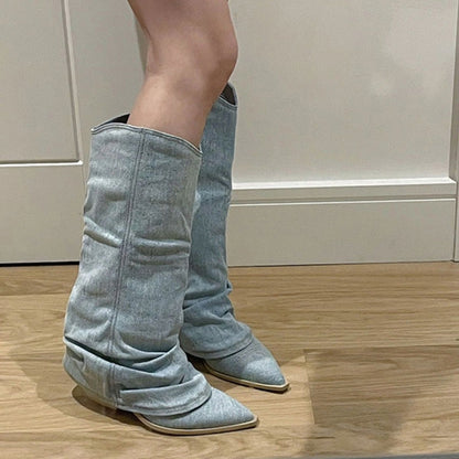 Pleats Blue Denim Thigh High Boots for Women  Autumn Thick Heeled Pointed Toe Cowboy Boots Woman Slip On Western Long Boots