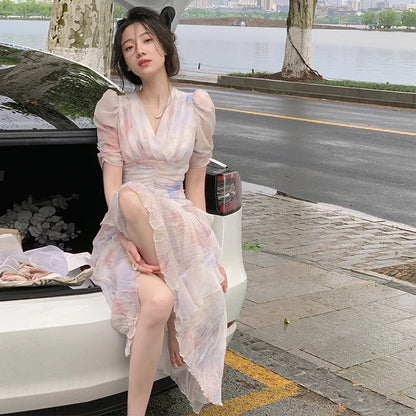 lovwvol Summer V-neck Print Dress French Style Women Elegant Party Pink Midi Dress Female Fashion A Line Holiday Korean Clothes