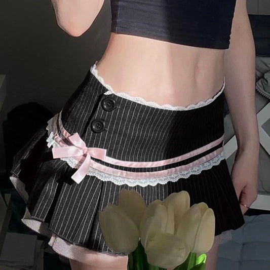 Harajuku Y2k Kwaii Lace Trim Mini Skirts Gothic Cutecore Bow Striped Pleated Skirt Low Waist Color Match Party Bottoms