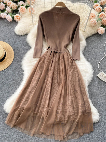 lovwvol FTLZZ Autumn Winter Women V-neck Sash Tie Up Dress Vintage Lady Lace Mesh Patchwork Dress Casual Knitting Dress