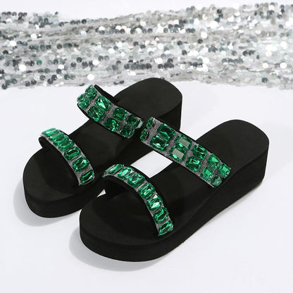 Shiny Crystal Wedges Slippers Women Summer 2023 Thick Soled Beach Sandals Woman Outdoor Slides Plus Size 42 Platform Flip Flops