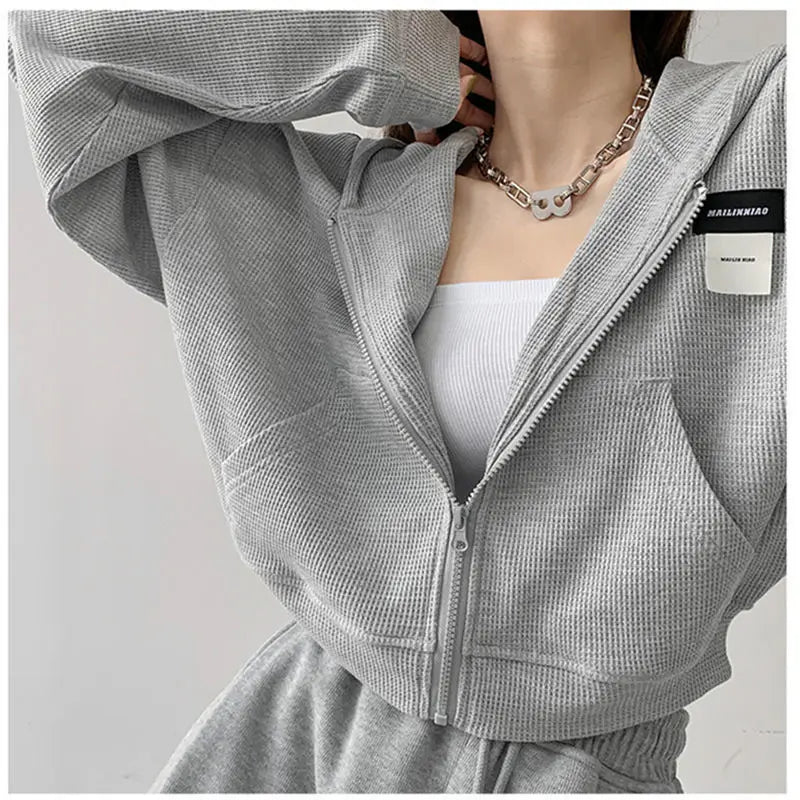 lovwvol Harajuku Women Sweatshirts Korean Fashion Sportswear Female Zip Up Hoodies Vintage Streetwear Basic Casual Cropped Top