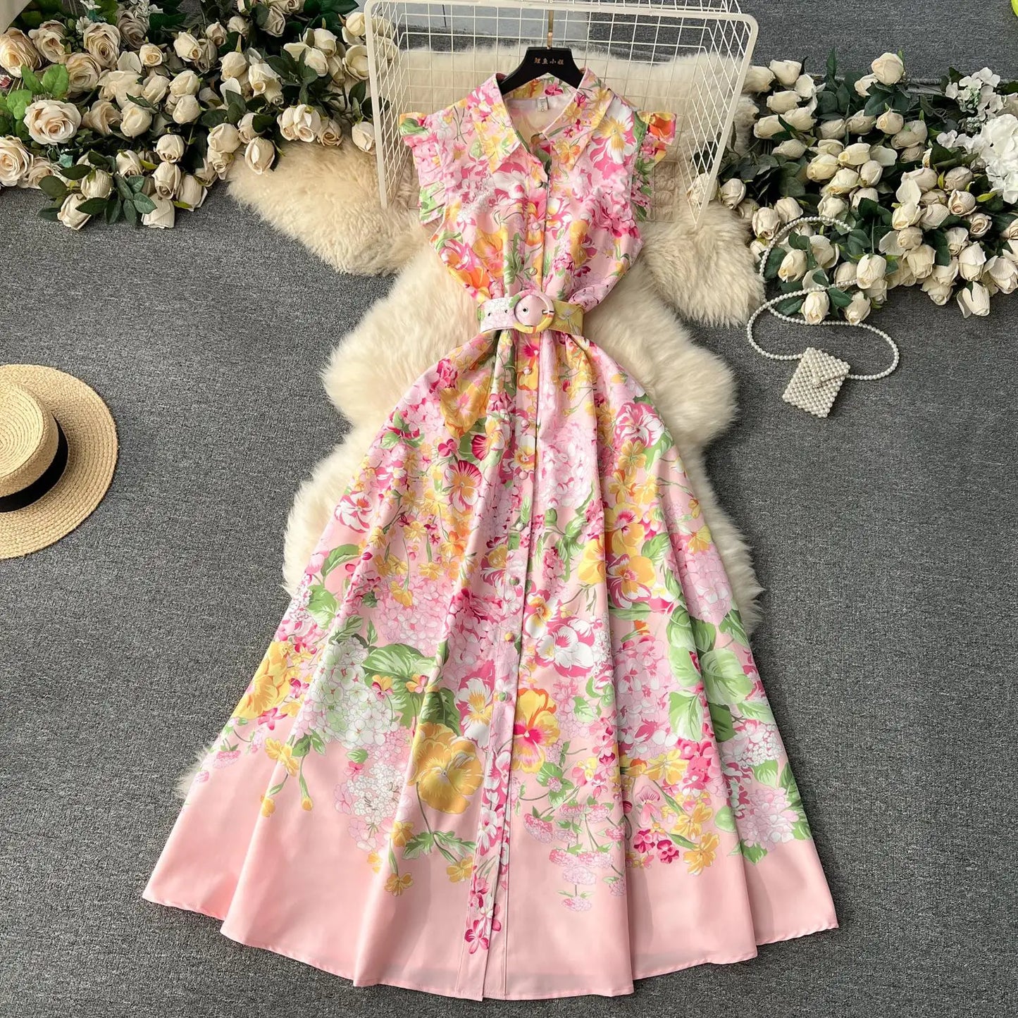 lovwvol New Fashion 2024 Summer Holiday Long Dress Women's Gorgeous Sleeveless Turn Down Neck Floral Print Belt Robe Beach Vestidos