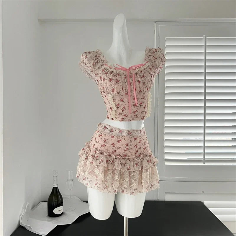 lovwvol Sexy Cozy 2000s Aesthetic Outfits 2 Piece Skirt Set Pink Lace T-Shirts Puff Sleeve + Floral A-Line Skirt Korean Bohemian Sweet