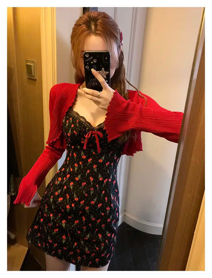 Sweet 2 Piece Dress Set Woman Red Long Sleeve Cardigan + Strap Floral Y2k Mini Dress Party Korean Fashion Suit Spring