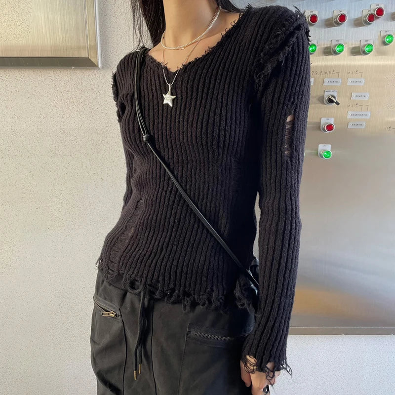 Academia Ripped Out Sweaters 90s Vintage Grunge Y2K Mall Goth Jumpers Korean Harajuku Slim Fit Cropped Pullovers Chic Retro