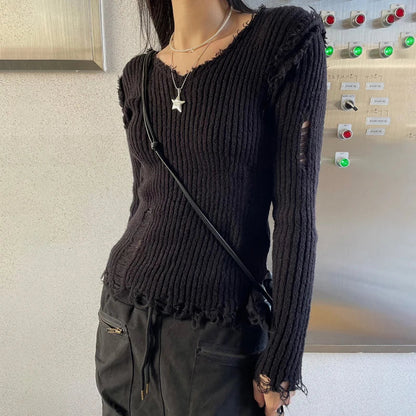 Academia Ripped Out Sweaters 90s Vintage Grunge Y2K Mall Goth Jumpers Korean Harajuku Slim Fit Cropped Pullovers Chic Retro