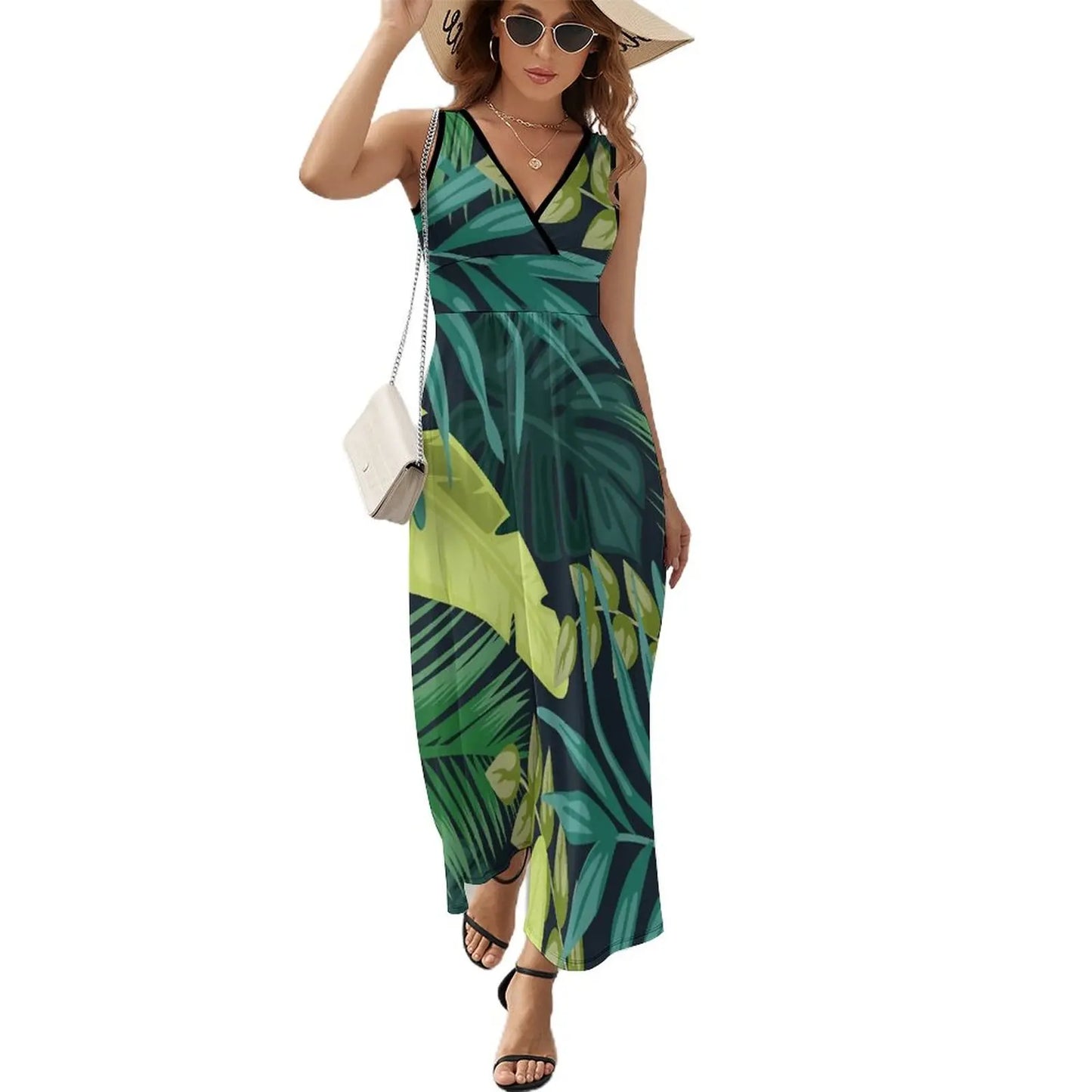 lovwvol Tropical Print Dress Female Orange Flowers Vintage Maxi Dress V Neck High Waist Aesthetic Design Boho Beach Long Dresses